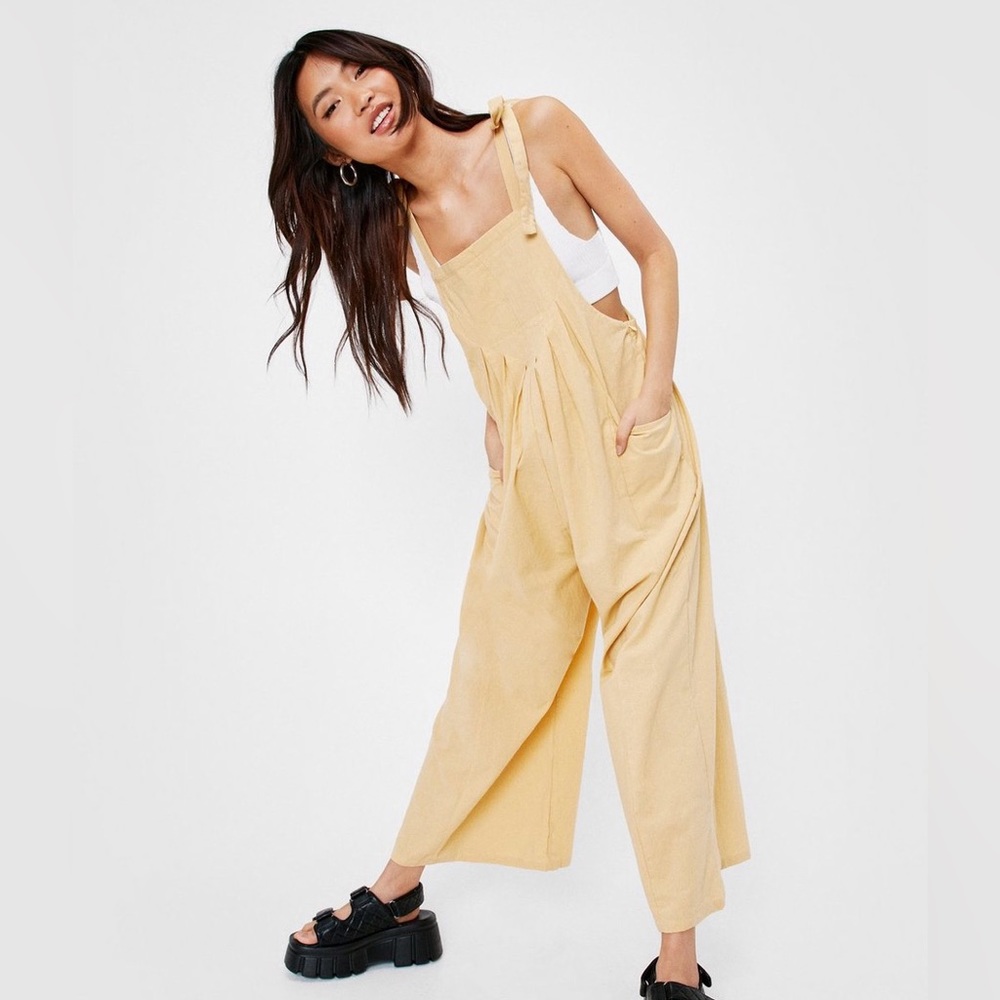 NWT - Nasty Gal Tie Shoulder Linen Look Wide Leg Overalls